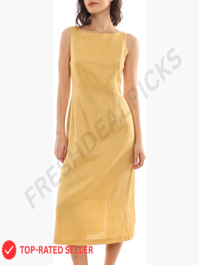 Sleeveless Boat Neck Midi Dress With Back Slit Linen Relaxed Fit Summer